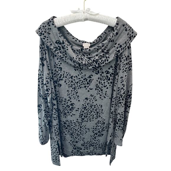 CHICO’S | Zenergy Gray Cheetah Print Cowl Neck Top | Size 2 Large - Picture 1 of 6